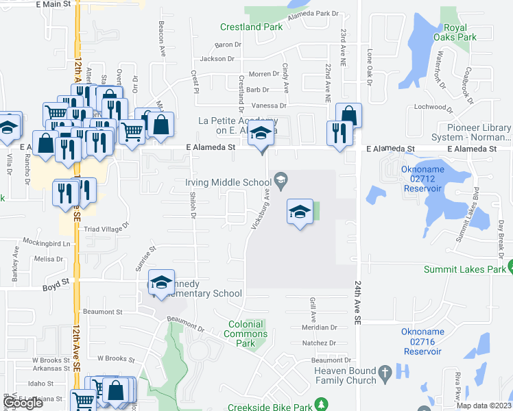 map of restaurants, bars, coffee shops, grocery stores, and more near 1901 Dover Street in Norman