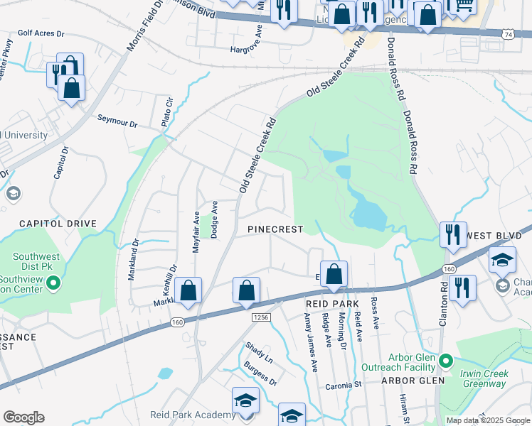 map of restaurants, bars, coffee shops, grocery stores, and more near 2523 Westhampton Drive in Charlotte