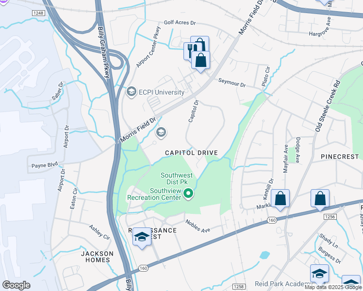 map of restaurants, bars, coffee shops, grocery stores, and more near 3021 Capitol Drive in Charlotte
