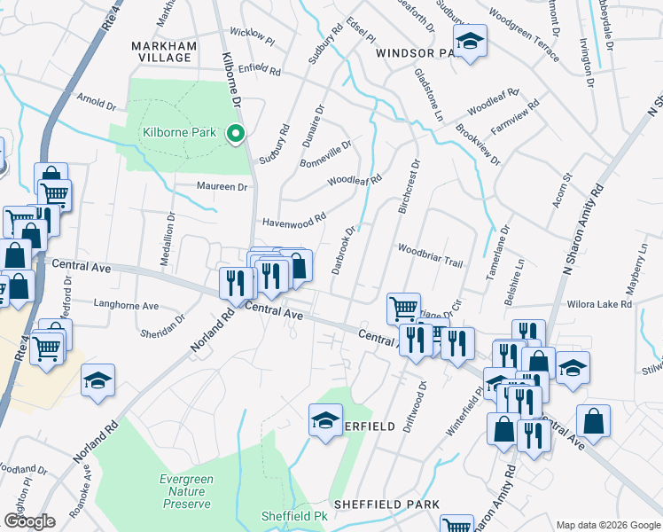 map of restaurants, bars, coffee shops, grocery stores, and more near 1732 Darbrook Drive in Charlotte