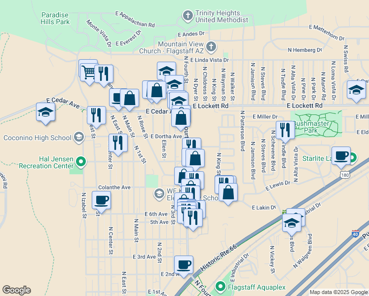 map of restaurants, bars, coffee shops, grocery stores, and more near 2721 North Fourth Street in Flagstaff