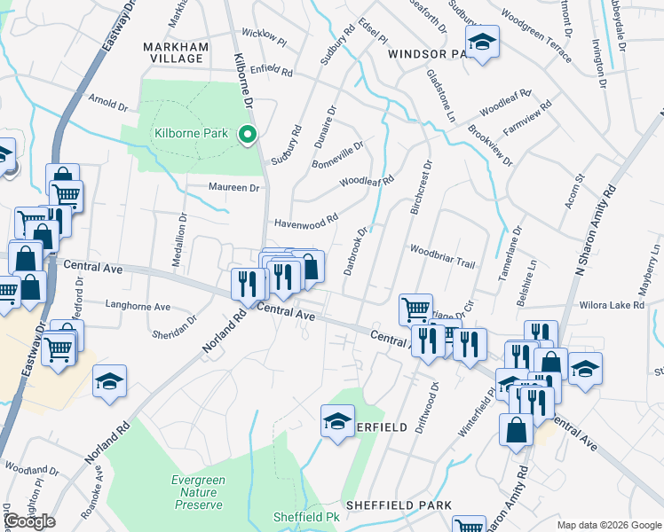 map of restaurants, bars, coffee shops, grocery stores, and more near 2630 Eastport Road in Charlotte