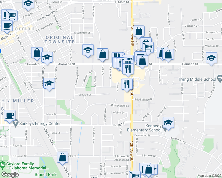 map of restaurants, bars, coffee shops, grocery stores, and more near 912 Creston Way in Norman