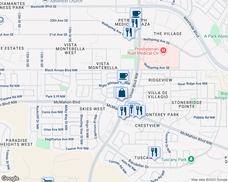 map of restaurants, bars, coffee shops, grocery stores, and more near 5757 Pinon Blanco Road Northwest in Albuquerque
