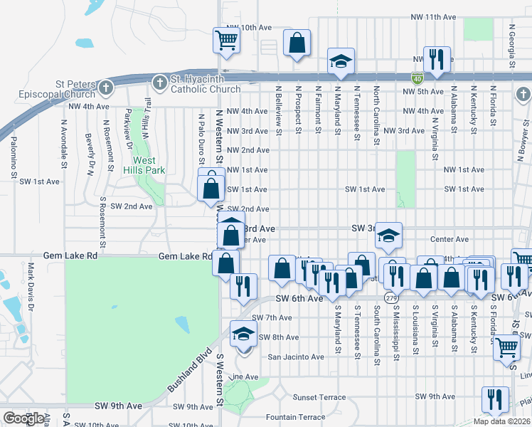 map of restaurants, bars, coffee shops, grocery stores, and more near 201 South Forest Street in Amarillo