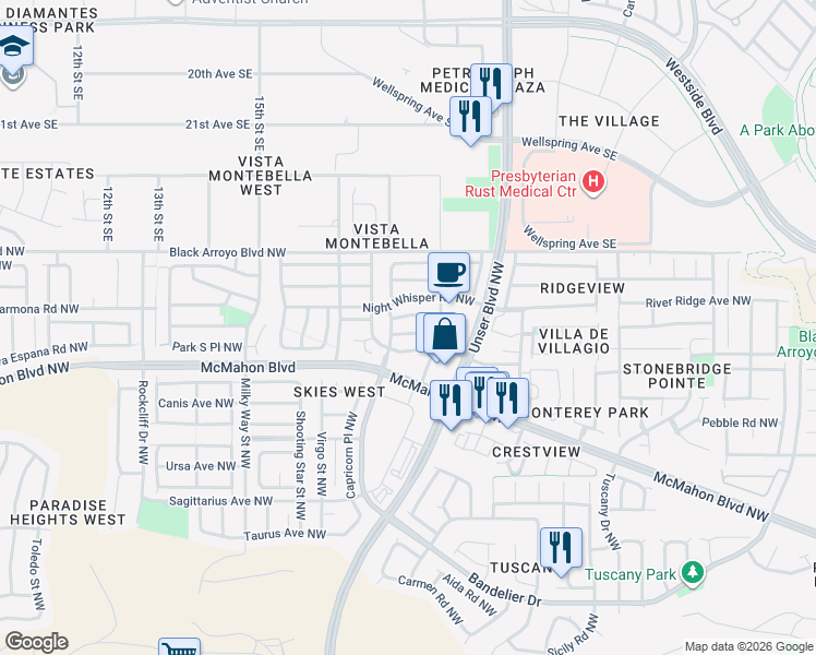 map of restaurants, bars, coffee shops, grocery stores, and more near 5752 Pinon Flats Road Northwest in Albuquerque