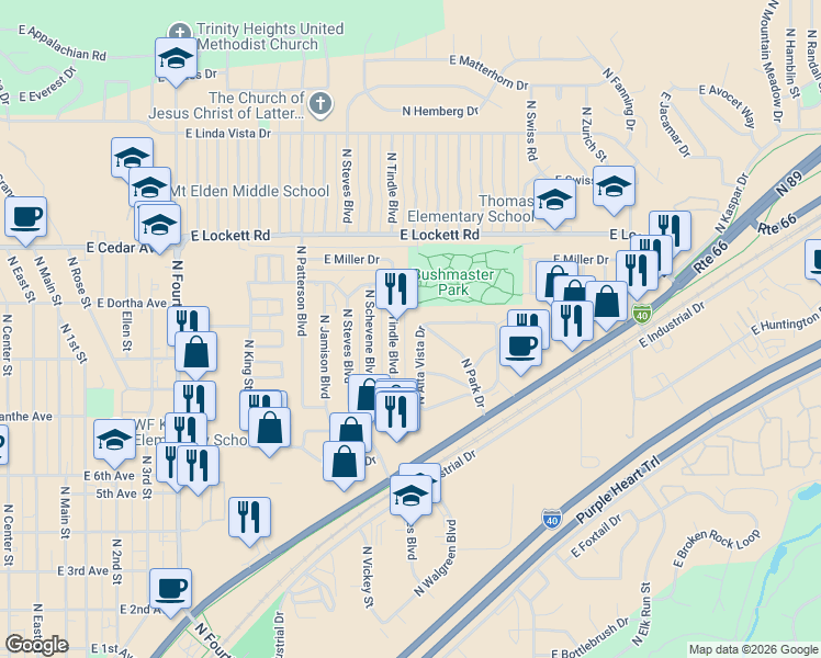 map of restaurants, bars, coffee shops, grocery stores, and more near 3125 North Alta Vista Drive in Flagstaff