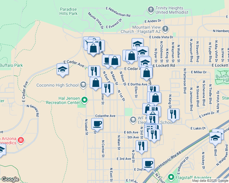 map of restaurants, bars, coffee shops, grocery stores, and more near 2812 North 1st Street in Flagstaff