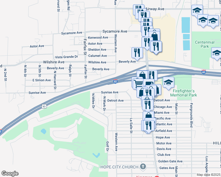 map of restaurants, bars, coffee shops, grocery stores, and more near N Stockton Hill Rd in Kingman