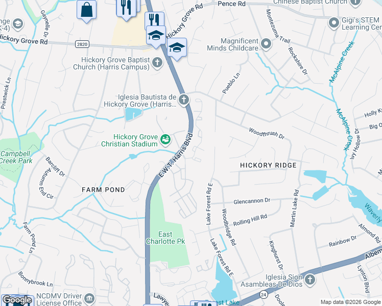 map of restaurants, bars, coffee shops, grocery stores, and more near 7748 Petrea Lane in Charlotte