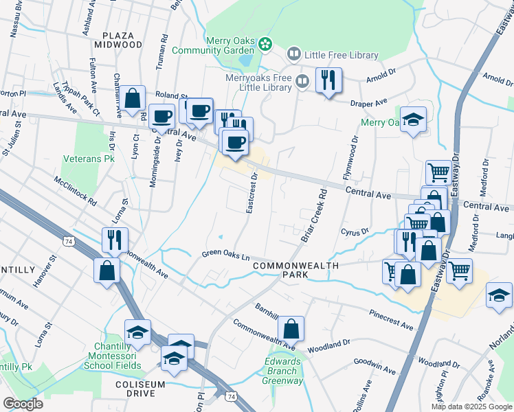 map of restaurants, bars, coffee shops, grocery stores, and more near 1600 Eastcrest Drive in Charlotte