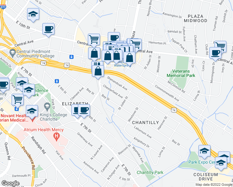 map of restaurants, bars, coffee shops, grocery stores, and more near 2115 Chesterfield Avenue in Charlotte