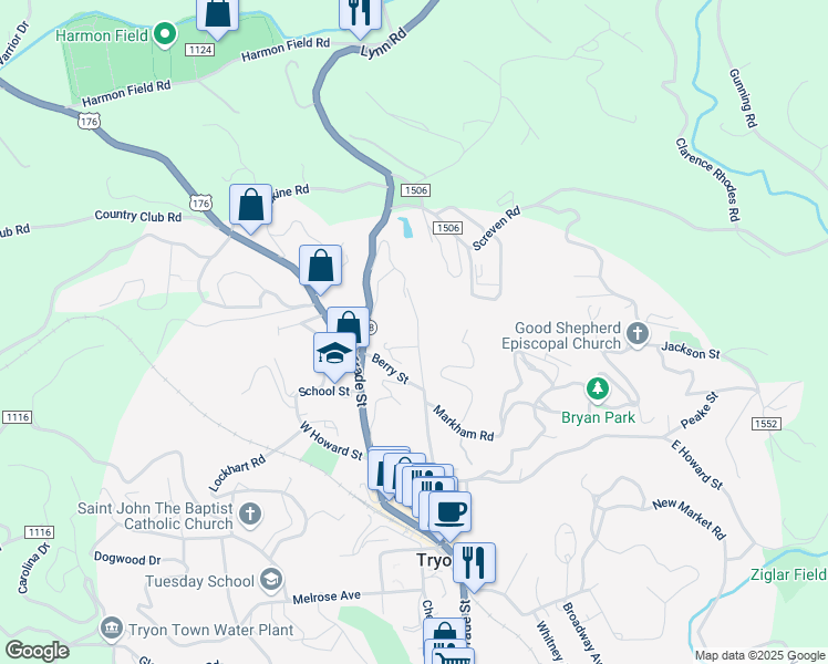 map of restaurants, bars, coffee shops, grocery stores, and more near 348 Grady Avenue in Tryon