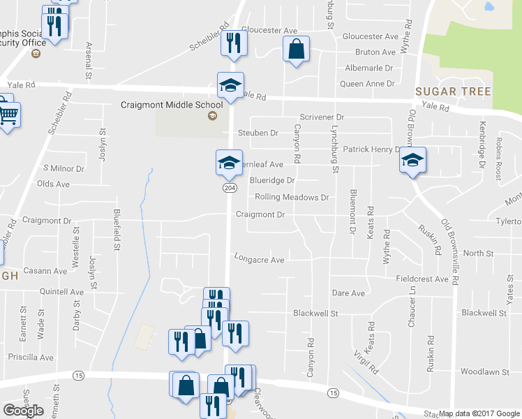 map of restaurants, bars, coffee shops, grocery stores, and more near 5140 Craigmont Drive in Memphis