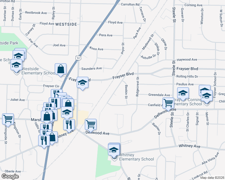 map of restaurants, bars, coffee shops, grocery stores, and more near 3281 Madewell Street in Memphis