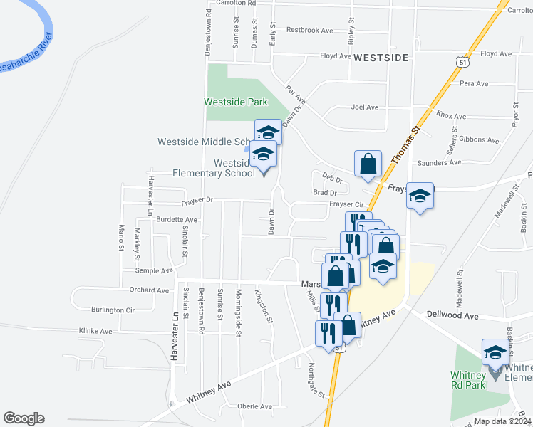 map of restaurants, bars, coffee shops, grocery stores, and more near 792 Dawn Cove in Memphis