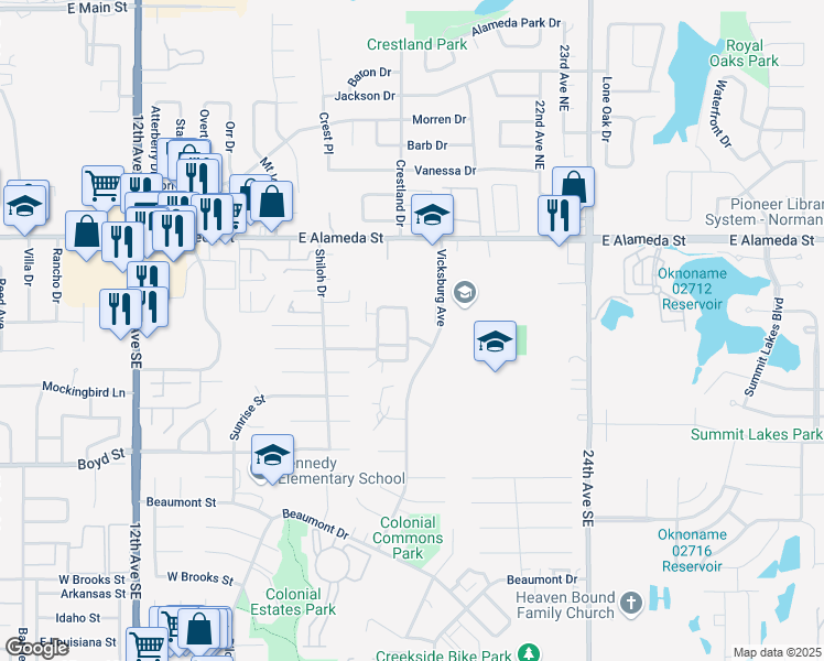map of restaurants, bars, coffee shops, grocery stores, and more near 217 Bull Run Street in Norman