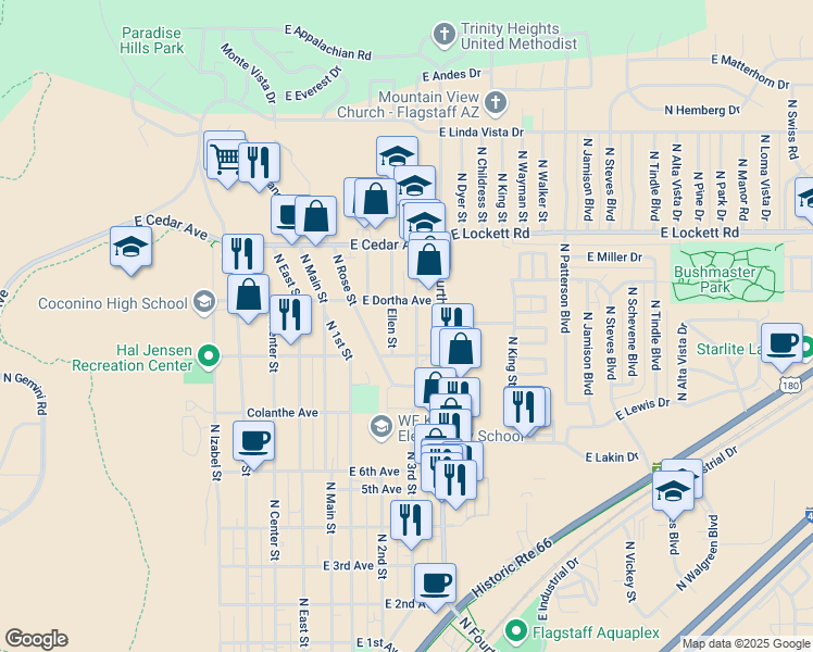 map of restaurants, bars, coffee shops, grocery stores, and more near 2801 North 3rd Street in Flagstaff