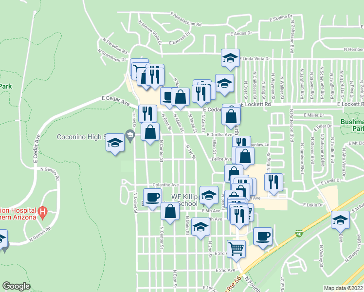 map of restaurants, bars, coffee shops, grocery stores, and more near 2791 North Main Street in Flagstaff