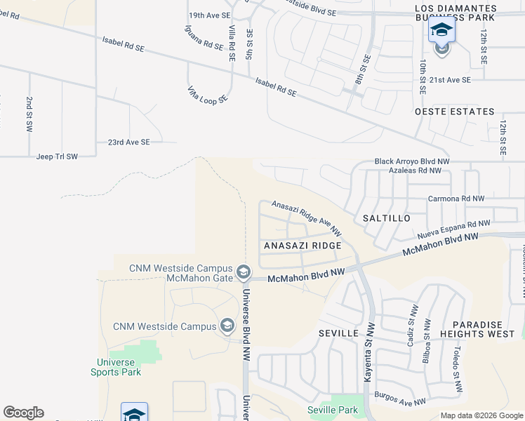 map of restaurants, bars, coffee shops, grocery stores, and more near 6563 Cliff Dwellers Road Northwest in Albuquerque
