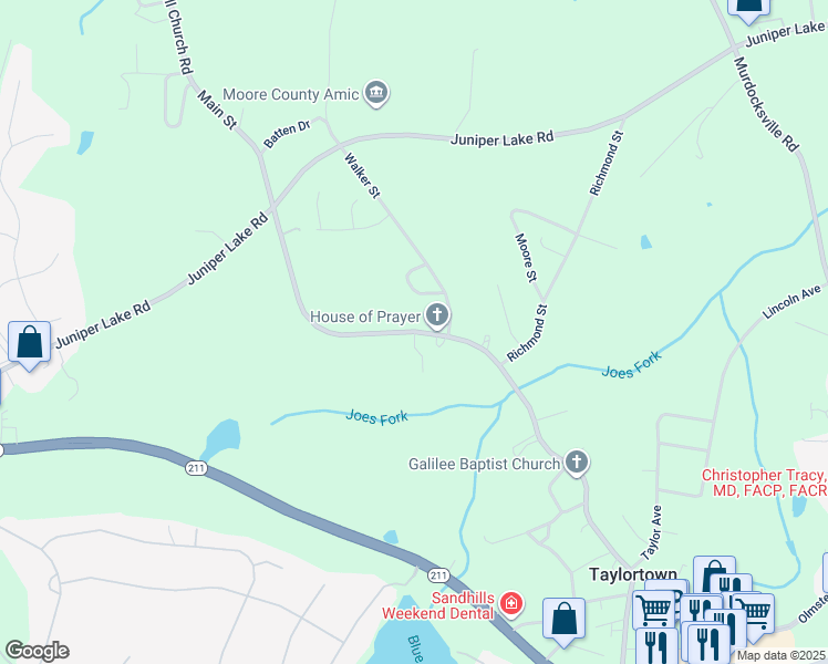 map of restaurants, bars, coffee shops, grocery stores, and more near Main Street in Pinehurst