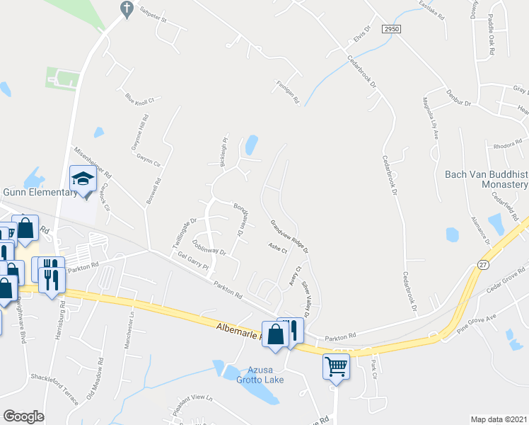 map of restaurants, bars, coffee shops, grocery stores, and more near 7421 Grandview Ridge Drive in Charlotte