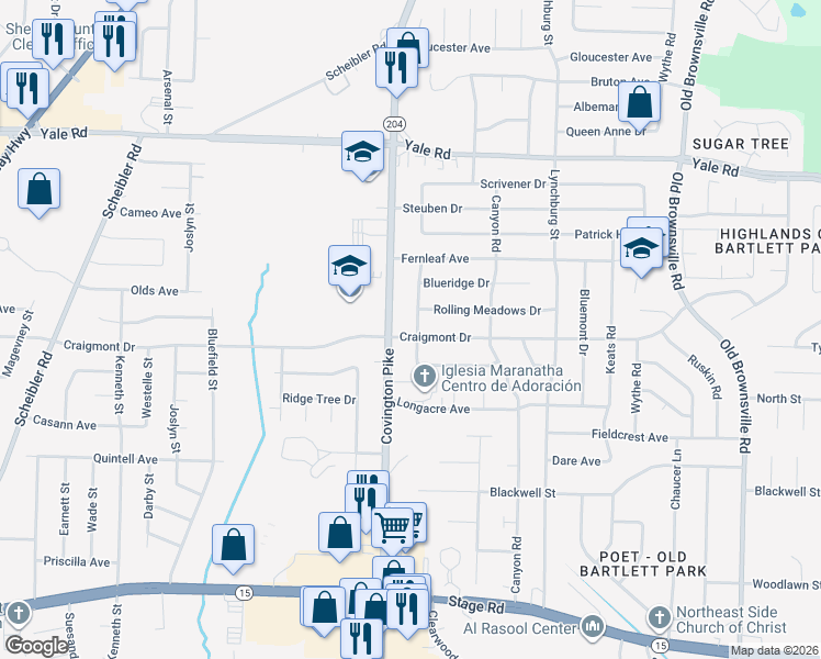 map of restaurants, bars, coffee shops, grocery stores, and more near 3289 Gatewood Drive in Memphis