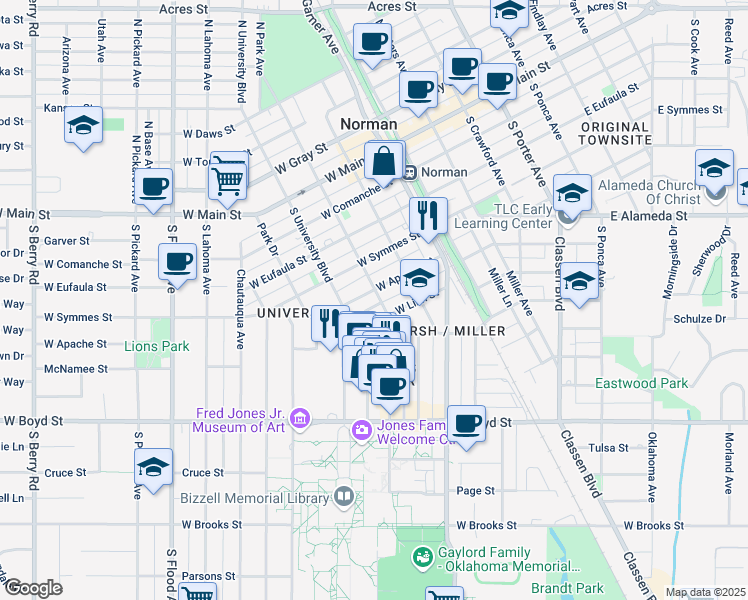 map of restaurants, bars, coffee shops, grocery stores, and more near 502 South Webster Avenue in Norman