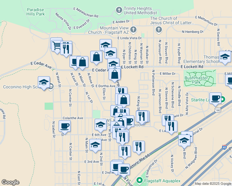 map of restaurants, bars, coffee shops, grocery stores, and more near 2721 North Fourth Street in Flagstaff