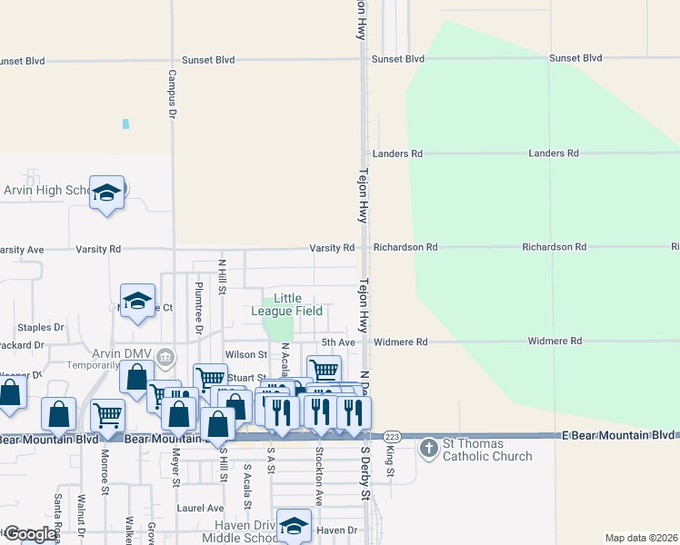 map of restaurants, bars, coffee shops, grocery stores, and more near 473 Tejon Road in Arvin