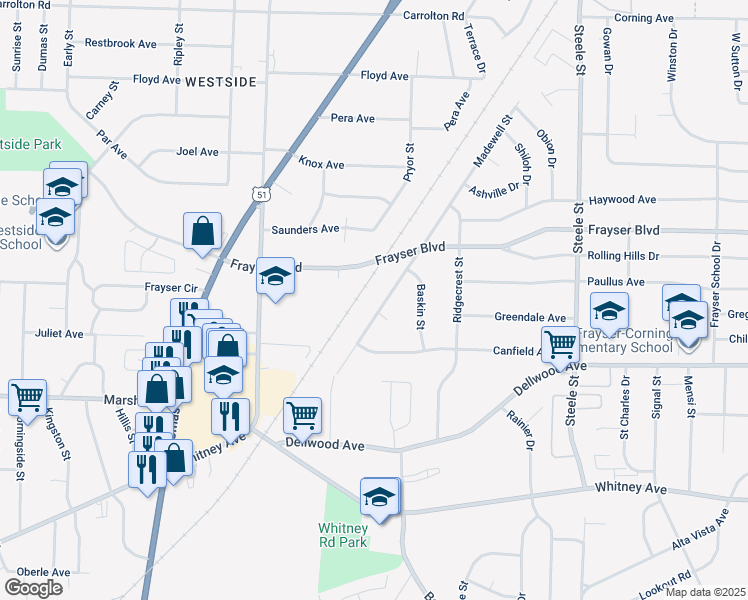 map of restaurants, bars, coffee shops, grocery stores, and more near 3281 Madewell Street in Memphis