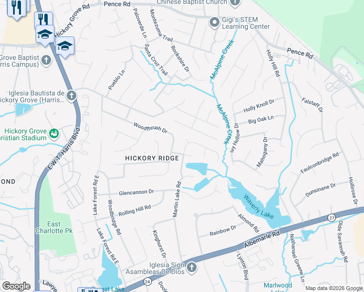 map of restaurants, bars, coffee shops, grocery stores, and more near 7608 Prindle Lake Dr in Charlotte