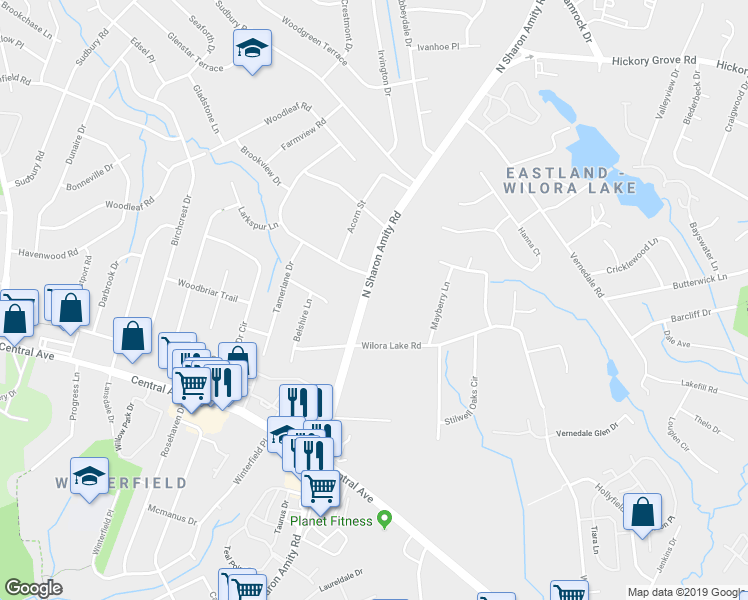 map of restaurants, bars, coffee shops, grocery stores, and more near 4100 North Sharon Amity Road in Charlotte