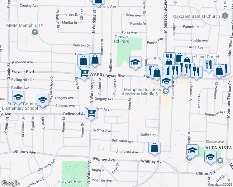 map of restaurants, bars, coffee shops, grocery stores, and more near 3290 Parham Street in Memphis