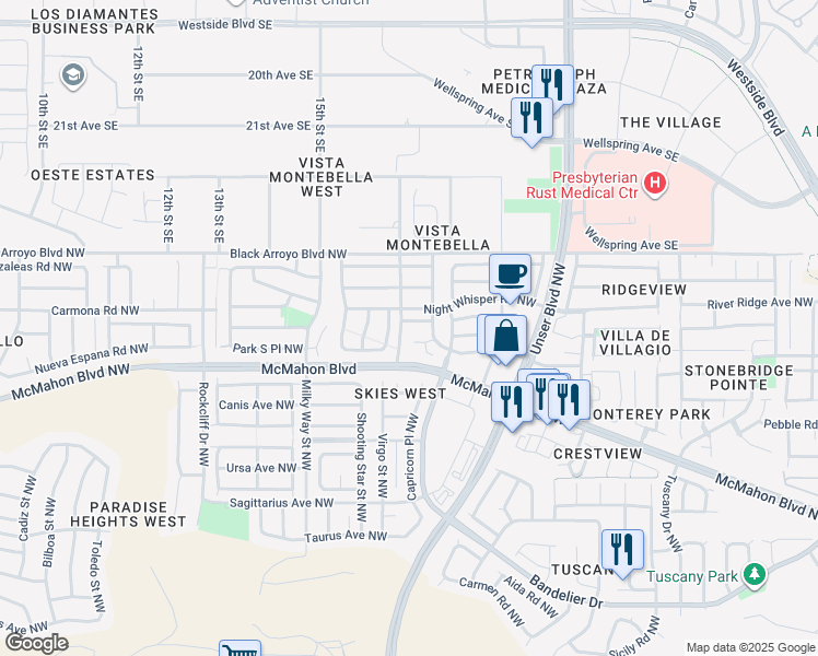 map of restaurants, bars, coffee shops, grocery stores, and more near 5820 Day Dreamer Road Northwest in Albuquerque