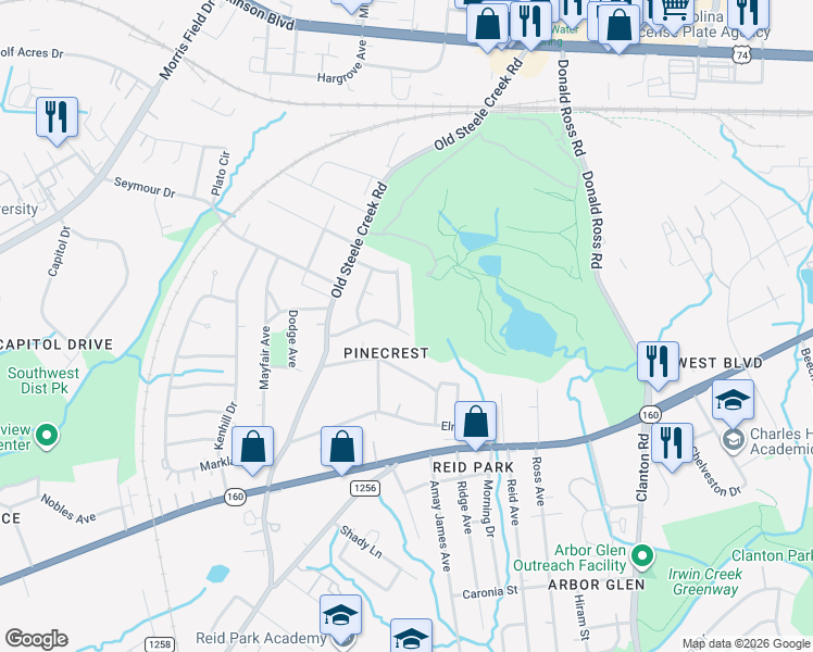 map of restaurants, bars, coffee shops, grocery stores, and more near 2533 Woodshire Drive in Charlotte