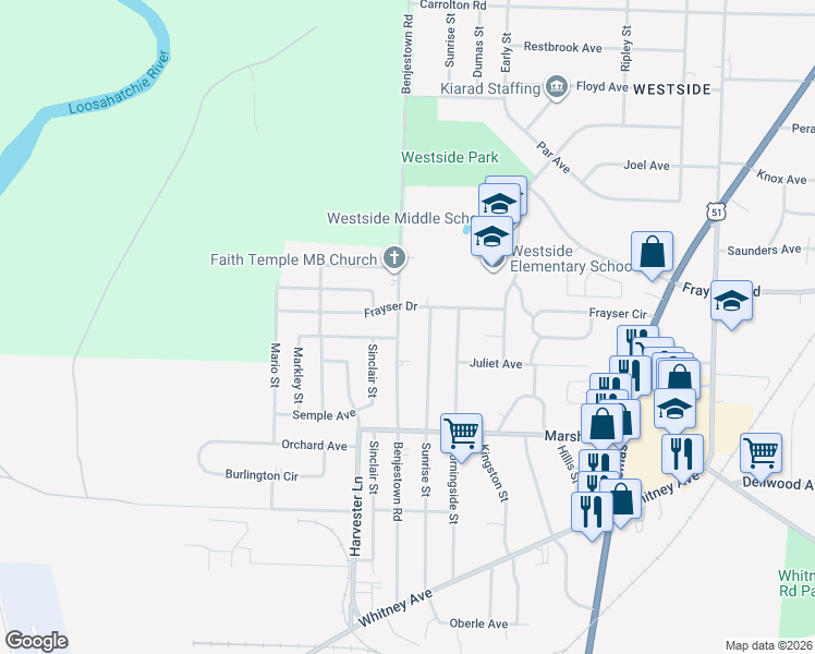 map of restaurants, bars, coffee shops, grocery stores, and more near 3294 Benjestown Road in Memphis