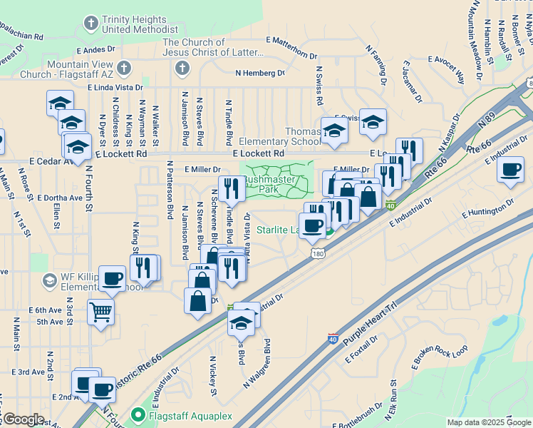map of restaurants, bars, coffee shops, grocery stores, and more near 3029 East Mount Elden Drive in Flagstaff