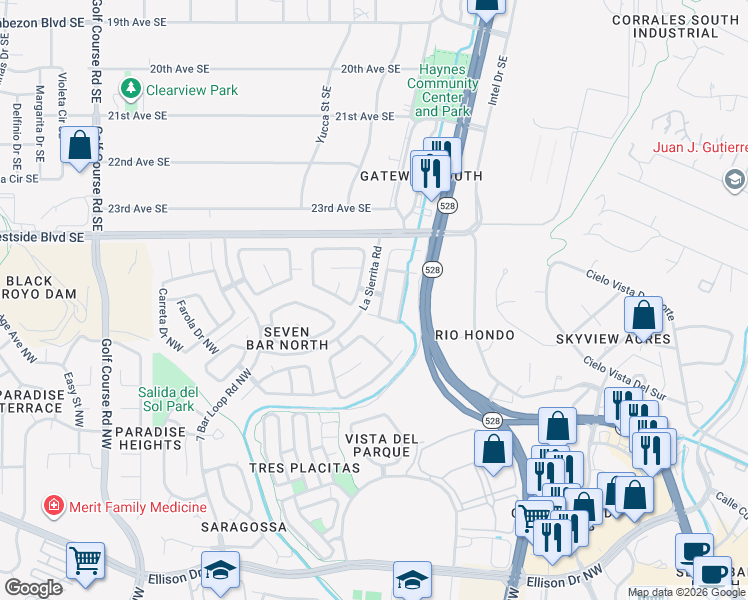 map of restaurants, bars, coffee shops, grocery stores, and more near 10915 Montecillo Drive Northwest in Albuquerque