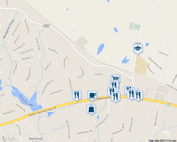 map of restaurants, bars, coffee shops, grocery stores, and more near 8408 Viola Drive in Charlotte