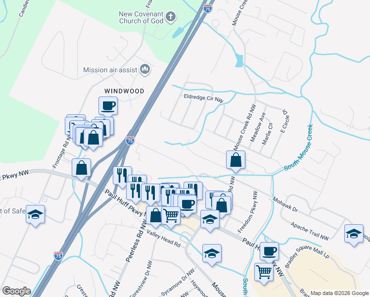 map of restaurants, bars, coffee shops, grocery stores, and more near 1121 Hamilton Circle Northwest in Cleveland