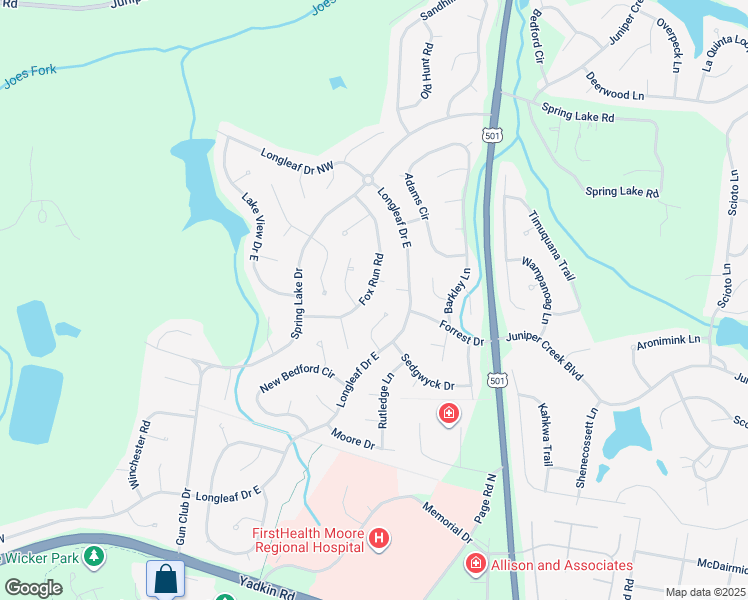 map of restaurants, bars, coffee shops, grocery stores, and more near 112 Fox Run Road in Pinehurst