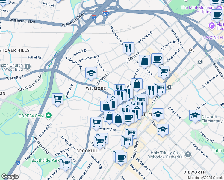 map of restaurants, bars, coffee shops, grocery stores, and more near 1714 Wickford Pl in Charlotte