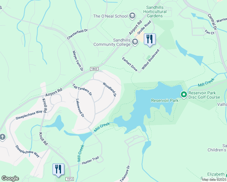 map of restaurants, bars, coffee shops, grocery stores, and more near 197 Woodland Drive in Pinehurst
