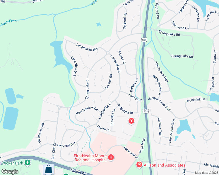 map of restaurants, bars, coffee shops, grocery stores, and more near 114 Fox Run Road in Pinehurst