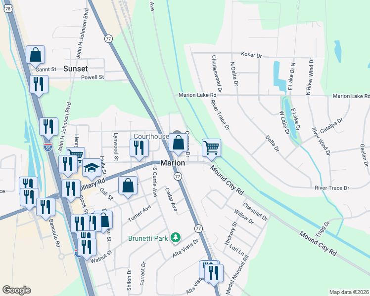 map of restaurants, bars, coffee shops, grocery stores, and more near 100 Court Street in Marion