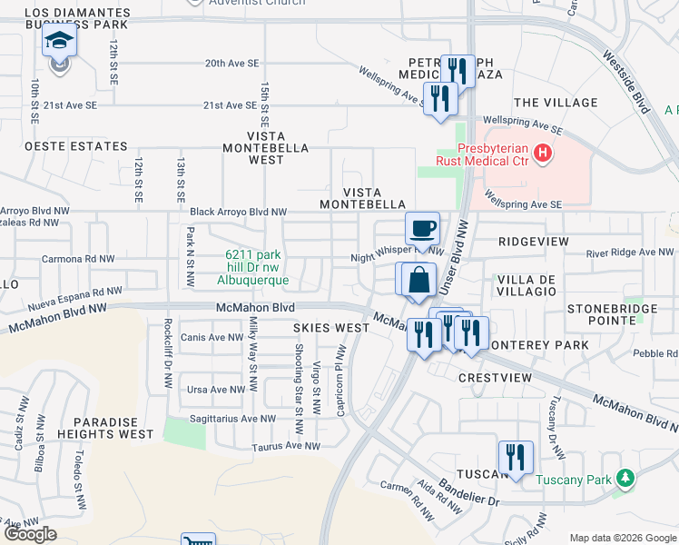 map of restaurants, bars, coffee shops, grocery stores, and more near 5820 Day Dreamer Road Northwest in Albuquerque