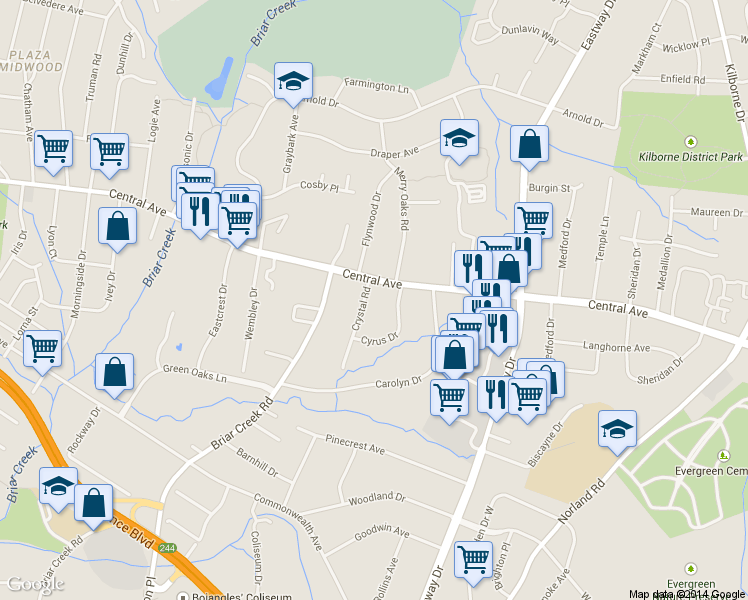 map of restaurants, bars, coffee shops, grocery stores, and more near 1542 Crystal Road in Charlotte