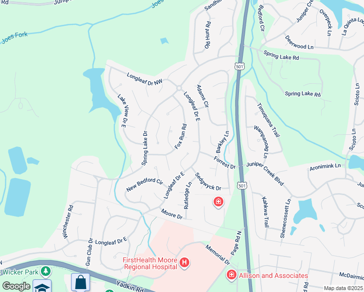 map of restaurants, bars, coffee shops, grocery stores, and more near 118 Fox Run Road in Pinehurst