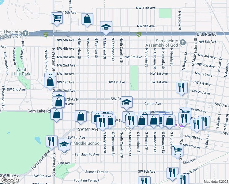 map of restaurants, bars, coffee shops, grocery stores, and more near 201 South Tennessee Street in Amarillo